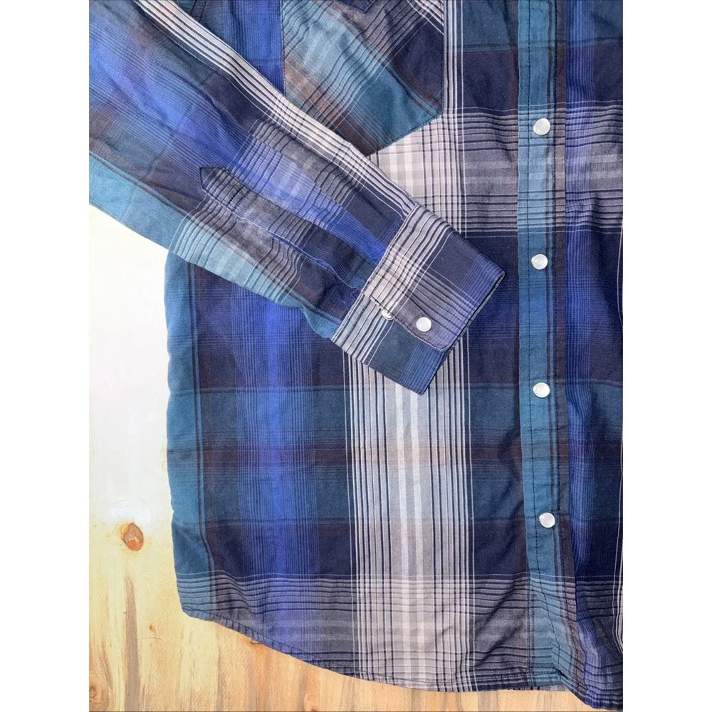 Levis Mens L Long Sleeve Western Snap Up Shirt Blue Gray Black Plaid